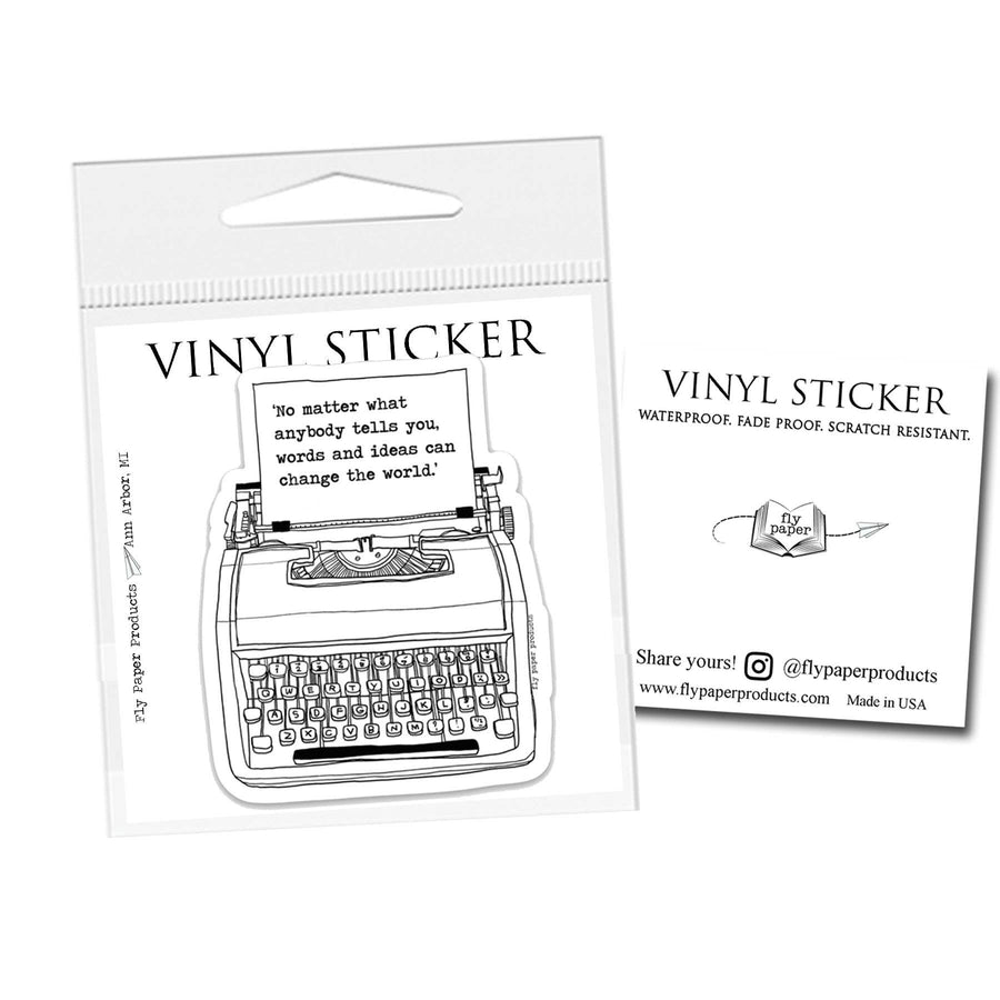 Words and Ideas Change the World Typewriter Vinyl Sticker: Packaged Sticker